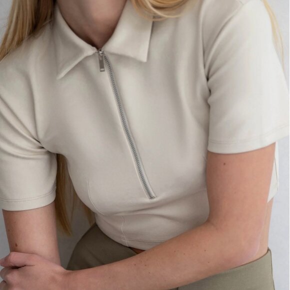 Oak and Fort Cropped zip cream beige natural polo size M STONE  Crop top - Picture 3 of 8